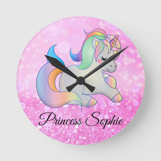Cute  pink  glitter unicorn monogram round clock (Front)
