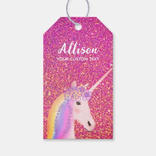 Cute Pink Glitter Unicorn Personalized  Gift Tags