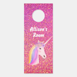 Cute Pink Glitter Unicorn Personalized Kids Door Hanger