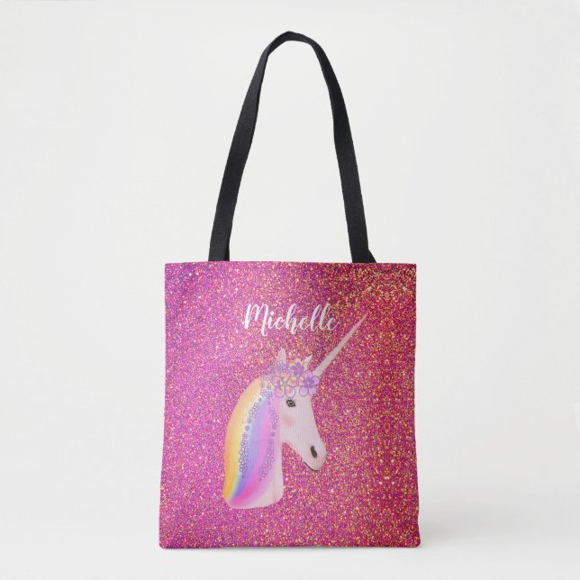Cute Pink Glitter Unicorn Personalized Name Tote Bag (Front)