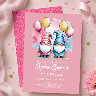 Cute Pink Gnome 1st Birthday Invitation