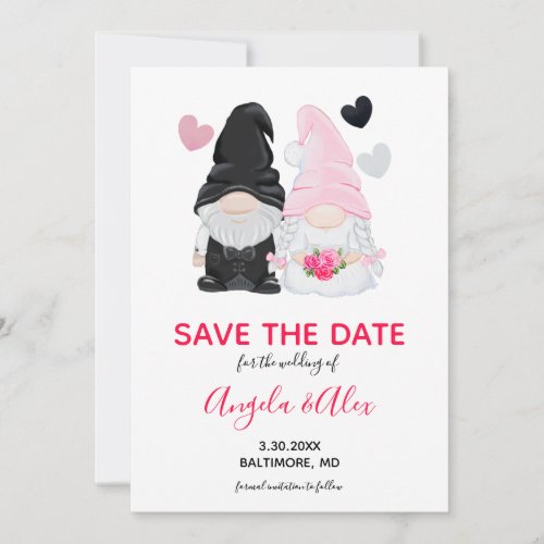 Cute Pink Gnome Bride and Groom Wedding Save The Date