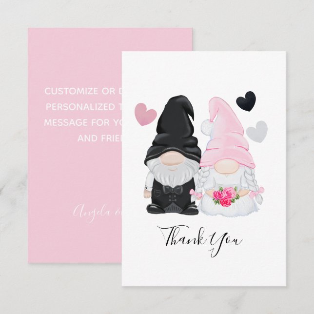 Cute Pink Gnome Bride and Groom Wedding Thank You Card (Front/Back)
