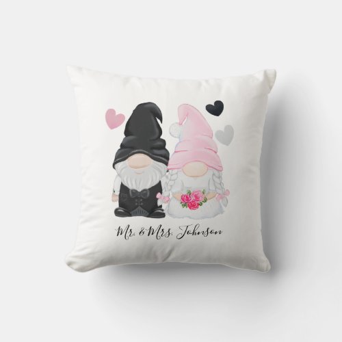 Cute Pink Gnome Bride and Groom Wedding Throw Pillow