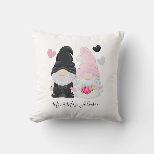 Cute Pink Gnome Bride and Groom Wedding Throw Pillow (Front)