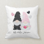 Cute Pink Gnome Bride and Groom Wedding Throw Pillow<br><div class="desc">Cute light pink hat, pink flowers, and heart for the bride gnome. A coordinating black and grey heart to match the groom gnome. Lovely graphics personalized with a modern calligraphy style. If you'd like to add an established or anniversary date text line, there are other fonts in the Blooming Elegant...</div>