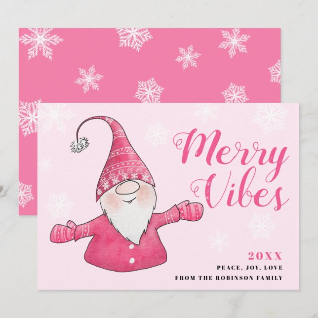 Cute Pink Gnome Merry Vibes Christmas Holiday Card (Front/Back)