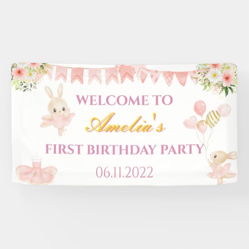 Cute pink  gold ballerina birthday party banner