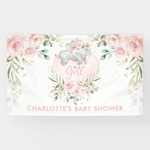 Cute Pink Gold Blush Floral Elephant Baby Shower Banner