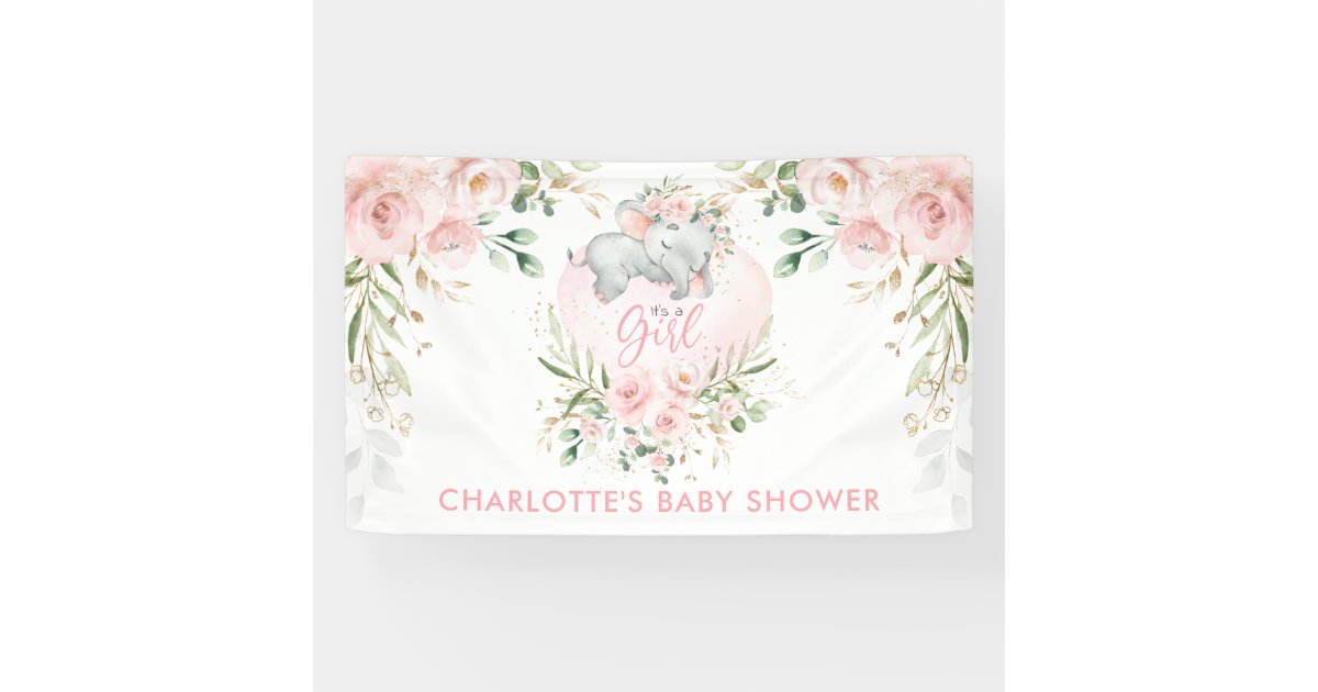 Cute Pink Gold Blush Floral Elephant Baby Shower Banner | Zazzle
