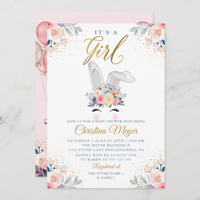 Cute Pink Gold Bunny Floral Balloon Baby Shower Invitation (Front/Back)