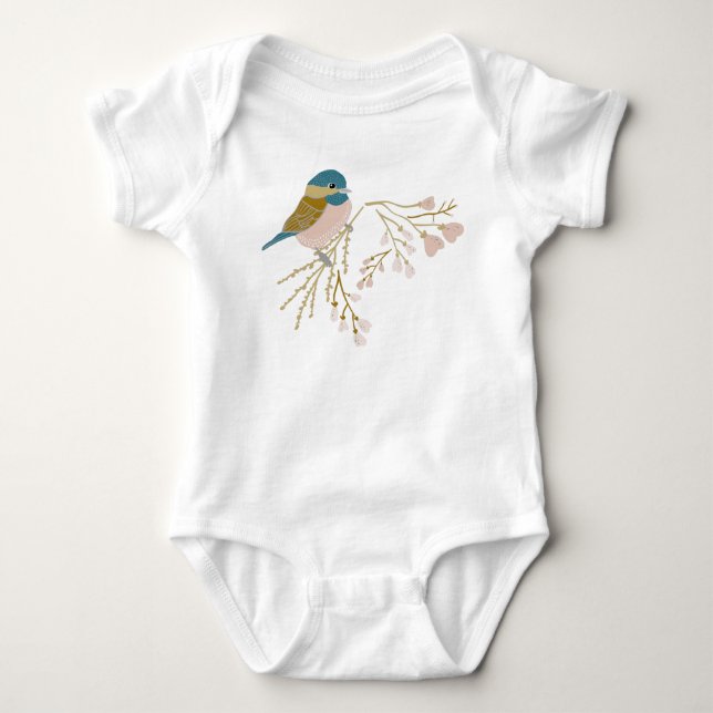 Cute Pink Gold Chickadee Bird Floral Hearts Baby Bodysuit (Front)