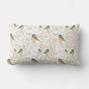 Cute Pink Gold Chickadee Bird Floral Hearts Print  Lumbar Pillow