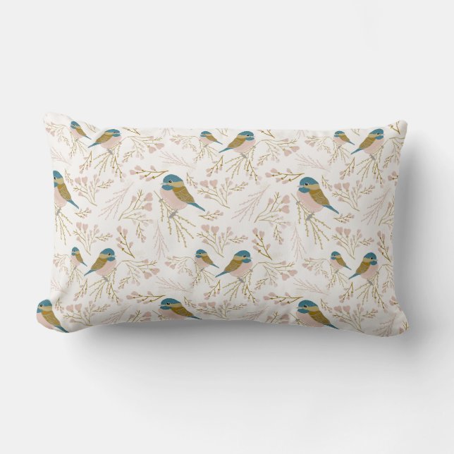 Cute Pink Gold Chickadee Bird Floral Hearts Print  Lumbar Pillow (Front)