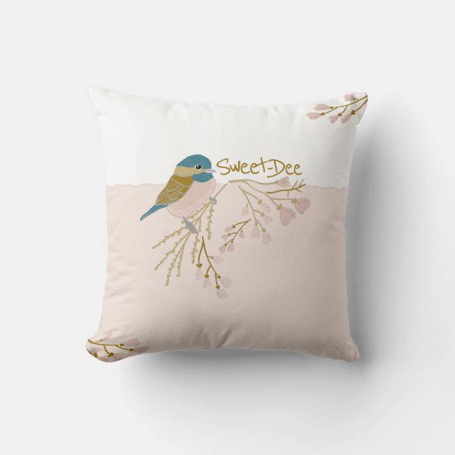Cute Pink Gold Chickadee Bird Floral Hearts Print  Throw Pillow (Front)