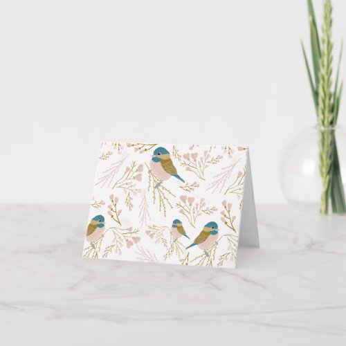 Cute Pink Gold Chickadee Bird Floral Hearts Thank You Card