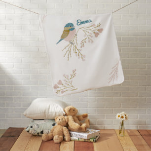 Cute Pink Gold Chickadee Bird Floral Name Baby Blanket