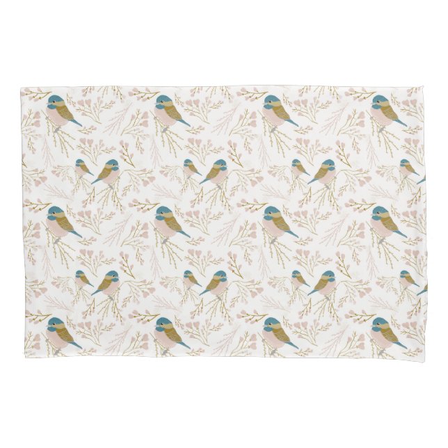 Cute Pink Gold Chickadee Bird Hearts Floral Decor Pillow Case (Front)