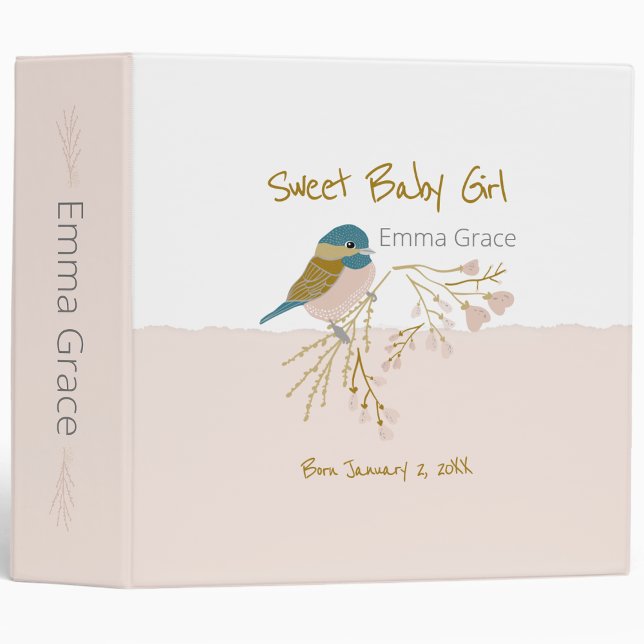Cute Pink Gold Chickadee Floral Baby Girl Album 3 Ring Binder (Cute Pink Gold Chickadee Floral Baby Girl Album 3 Ring Binder from Jenn Steffen for Studio Posies. )