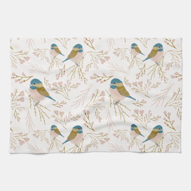 Cute Pink Gold Chickadee Floral Hearts Kitchen Towel (Horizontal)