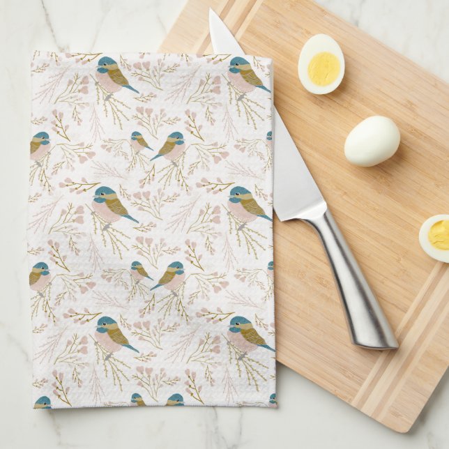 Cute Pink Gold Chickadee Floral Hearts Kitchen Towel (Quarter Fold)