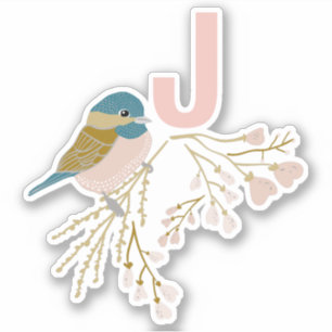 Cute Pink Gold Chickadee Floral Print And Initial Sticker