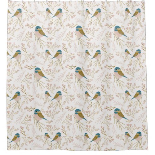 Cute Pink Gold Chickadee Floral Print Shower Curtain