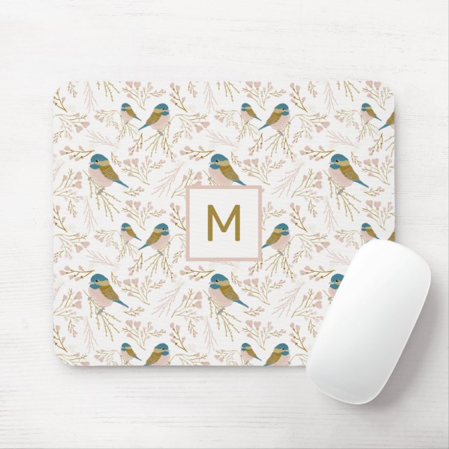 Cute Pink Gold Chickadee Hearts Floral Initial Mouse Pad (With Mouse)