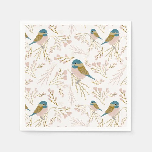 Cute Pink Gold Chickadee Hearts Floral Napkins