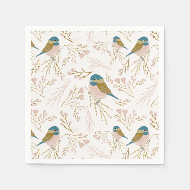 Cute Pink Gold Chickadee Hearts Floral Napkins (Front)