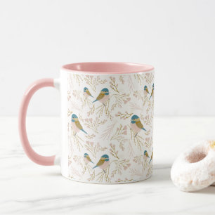 Cute Pink Gold Chickadee Hearts Floral Print Mug