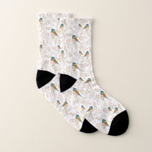 Cute Pink Gold Chickadee Hearts Floral Print Socks