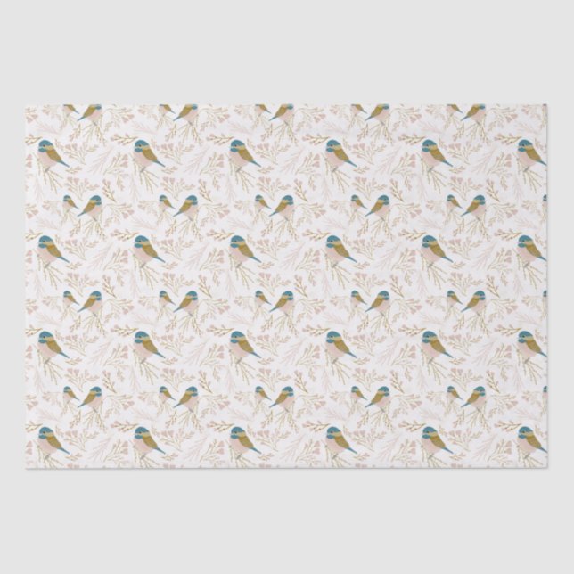 Cute Pink Gold Chickadee Hearts Floral Print Tissue Paper (Front)