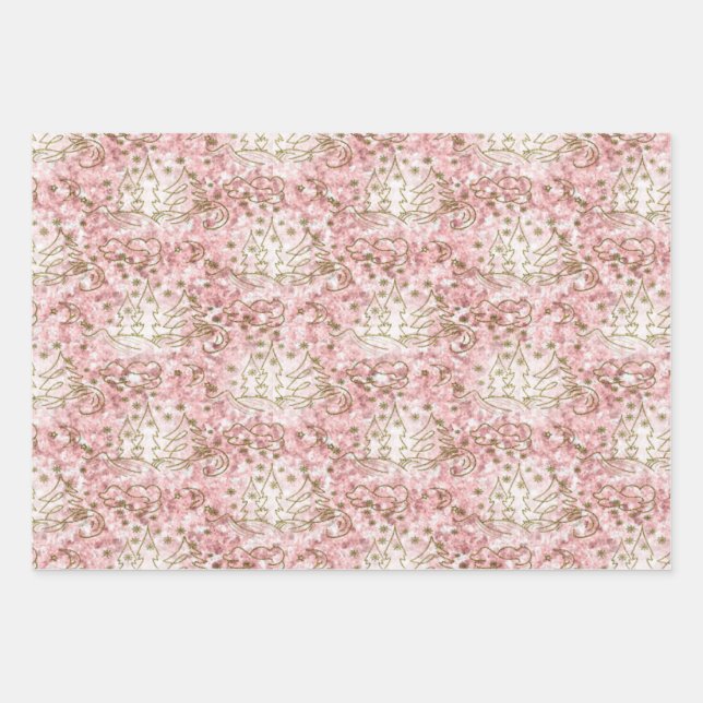 Cute Pink/Gold Christmas Pattern Wrapping Paper Sheets (Front)