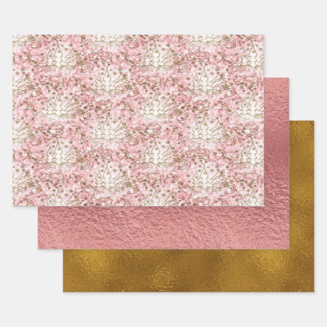 Cute Pink/Gold Christmas Pattern Wrapping Paper Sheets (Set)