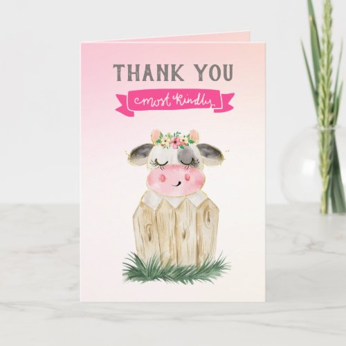 Cute Pink Gold Cow Baby Shower Thank You Note
