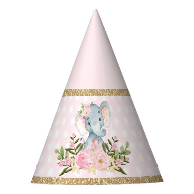 Cute Pink Gold Elephant 1st Birthday Favors Party Hat (Front)