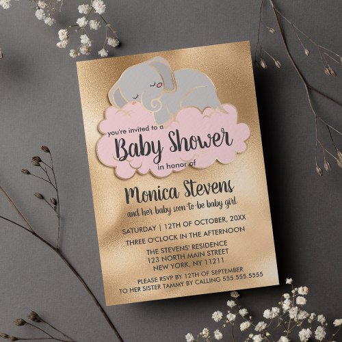 Cute Pink Gold Elephant Clouds Baby Girl Shower Invitation