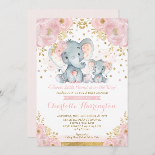 Cute Pink  Gold Elephant Girl Baby Shower Invitation