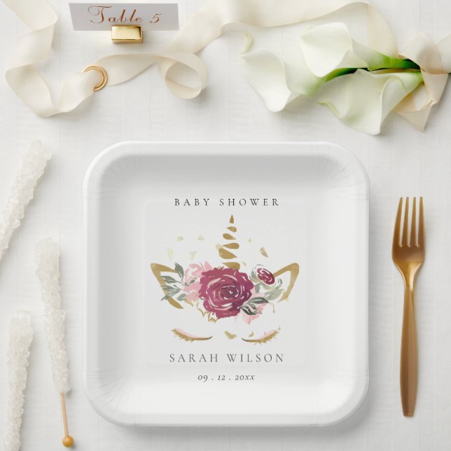 Cute Pink Gold Faux Floral Unicorn Baby Shower Paper Plates (Wedding)