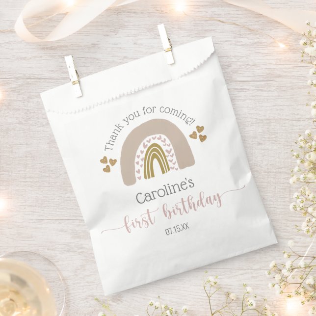 Cute Pink Gold First Birthday Boho Rainbow Favor Bag (Clipped)