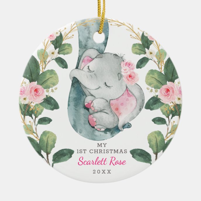 Cute Pink Gold Floral Baby Elephant Greenery Ceramic Ornament
