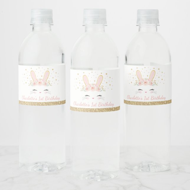 Cute Pink Gold Floral Bunny Rabbit Party Favors Water Bottle Label (Bottles)