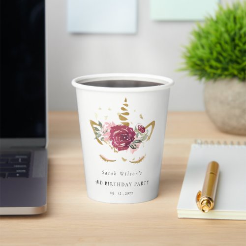 Cute Pink Gold Floral Unicorn Any Age Birthday Paper Cups