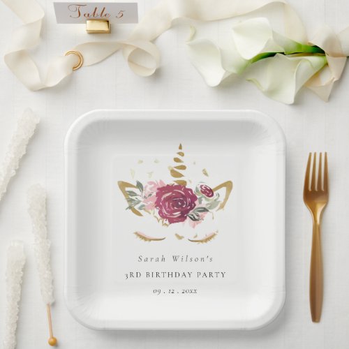 Cute Pink Gold Floral Unicorn Any Age Birthday Paper Plates