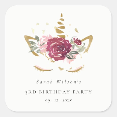 Cute Pink Gold Floral Unicorn Any Age Birthday Square Sticker
