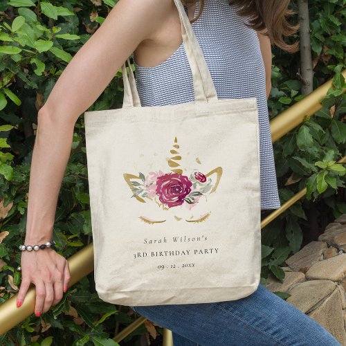 Cute Pink Gold Floral Unicorn Any Age Birthday Tote Bag