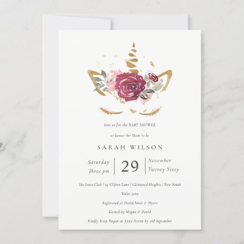 Cute Pink Gold Floral Unicorn Baby Shower Invite