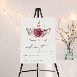 Cute Pink Gold Floral Unicorn Baby Shower Welcome Foam Board