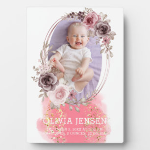 Cute Pink Gold Floral Watercolor Baby Birth Stats Plaque